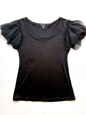 Banana Republic Black Silk Chiffon Ruffle Trim Short Sleeve Jersey Blouse Top
